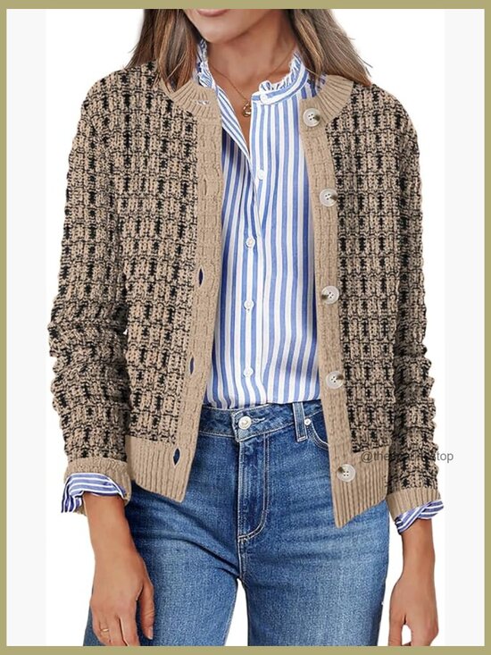 Sweaters - Button Down Crew Neck Open Front Long Sleeve Knit Cropped Cardigan Jacket